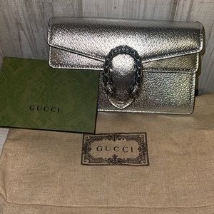 Gucci Dionysus Super Mini Metallic Leather Silver Cross Body Bag